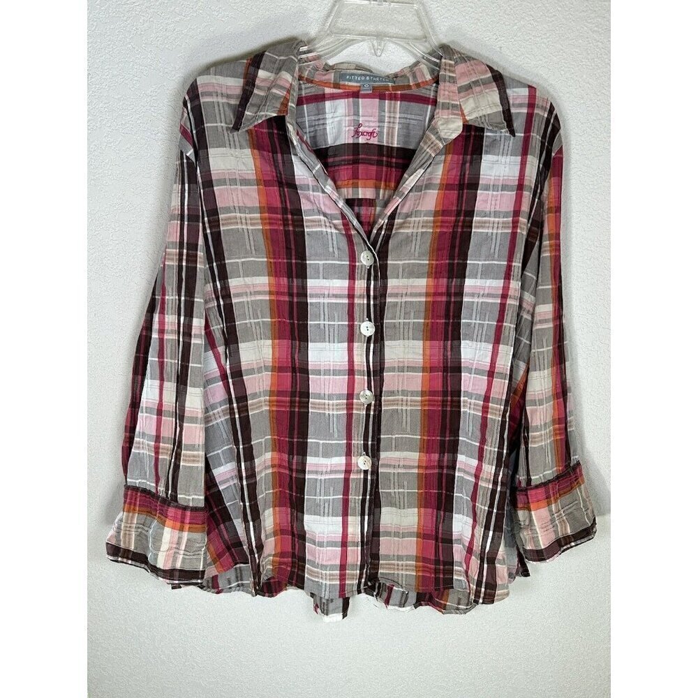 Foxcroft Button Shirt Womens 18 Fitted Stretch Top Plaid Brown Pink Orange